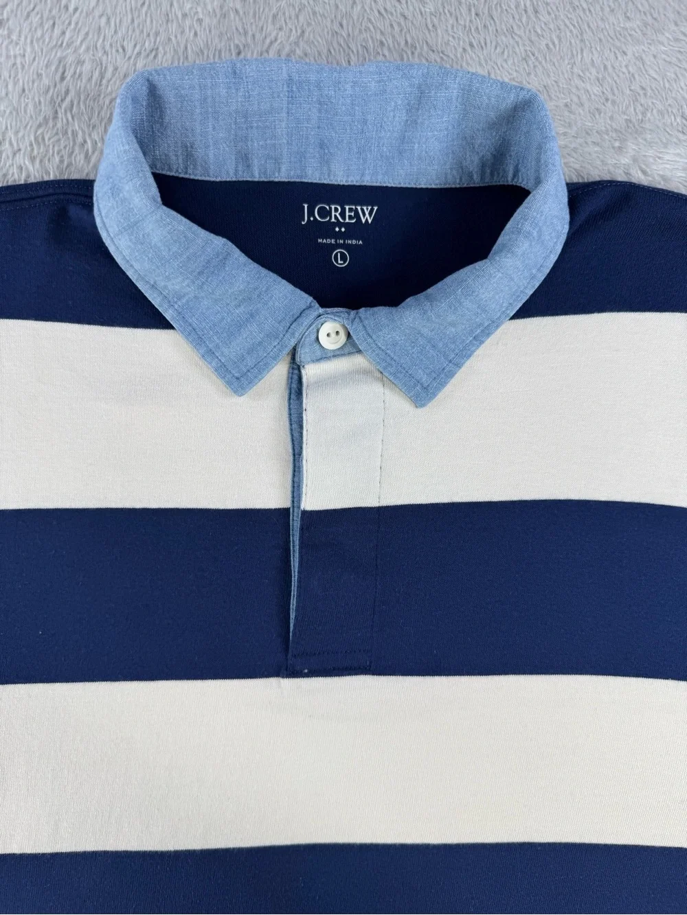 J.Crew Factory Mens L Rugby Shirt Navy Ivory Stripe Chambray Collar Preppy